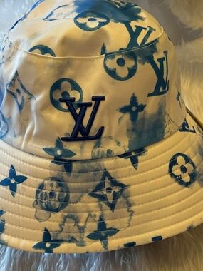 White & Blue Monogram Tie-Dye Bucket Hat